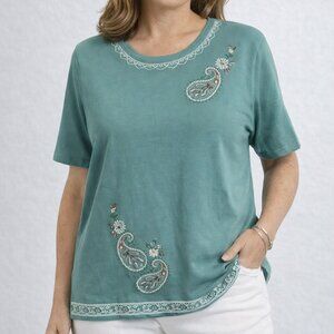 Alfred Dunner Teal Paisley Embroidered Women’s Size L Short Sleeve Knit Blouse